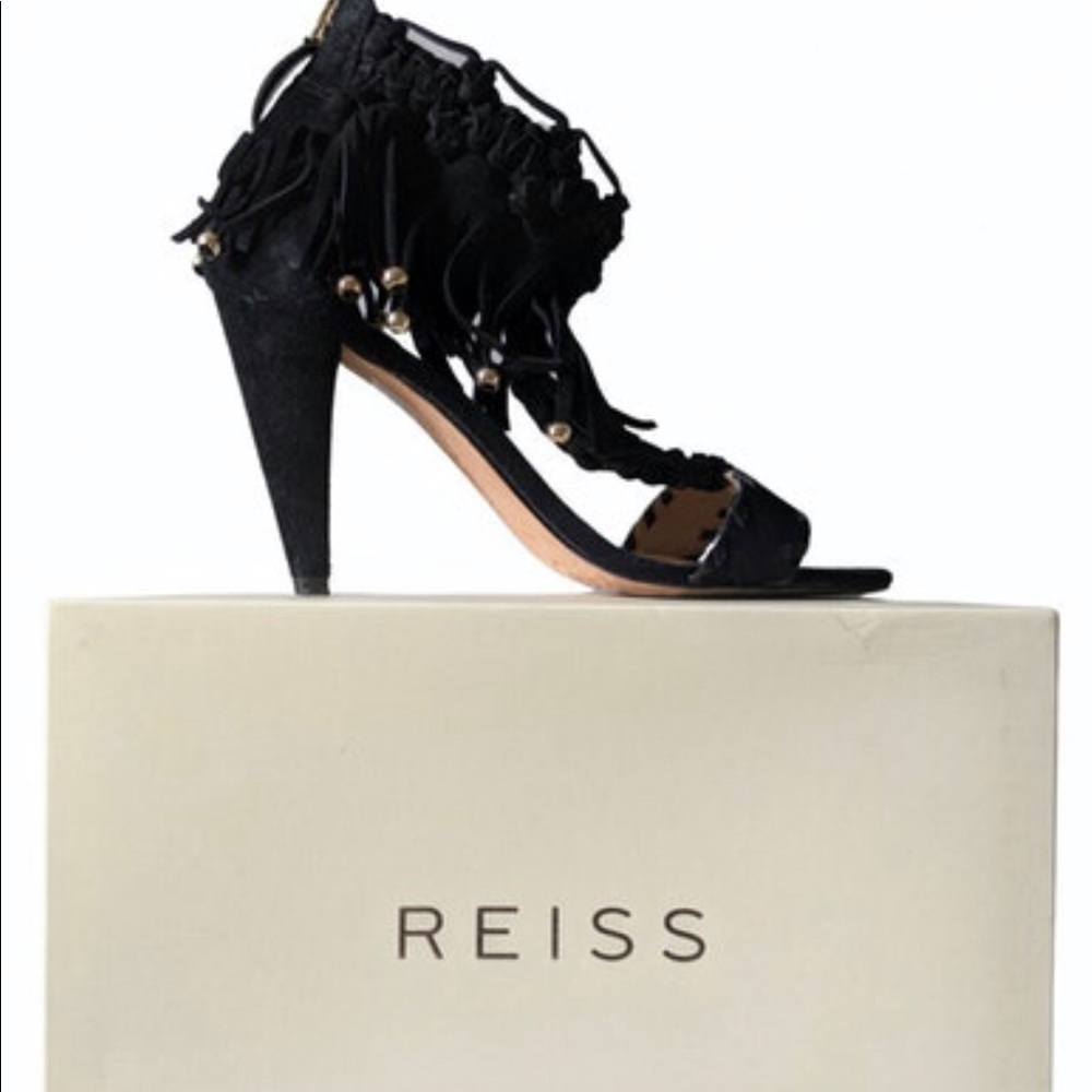 REISS Black fringe open toe sandals